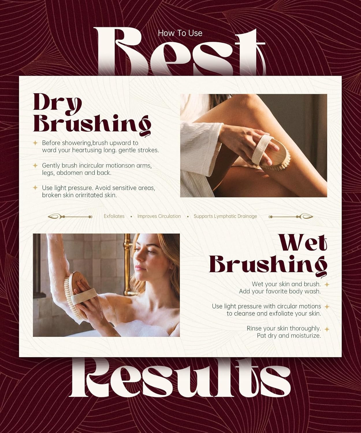 Dry Brushing Body Brush, Natural Bristle Dry Skin Exfoliating Brush Body Scrub for Flawless Skin, Cellulite Reduction, Lymphatic Drainage and Blood Circulation Improvement