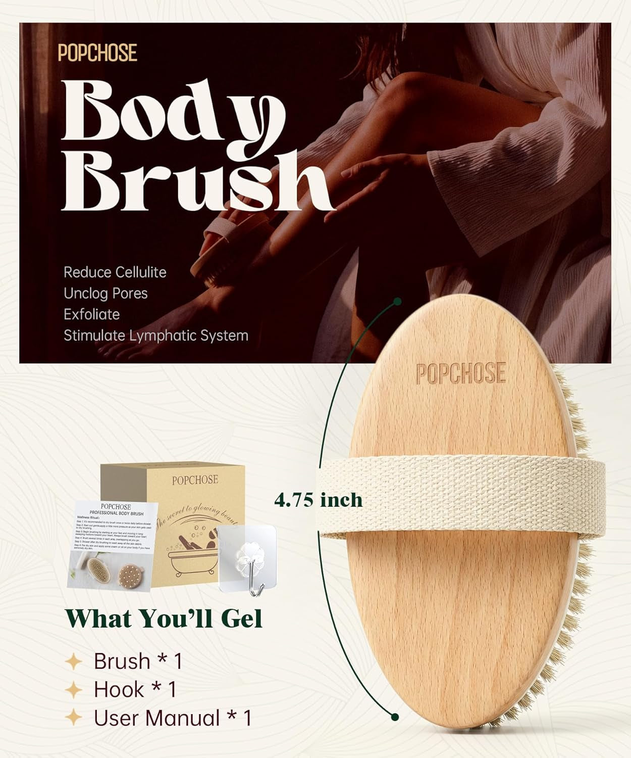 Dry Brushing Body Brush, Natural Bristle Dry Skin Exfoliating Brush Body Scrub for Flawless Skin, Cellulite Reduction, Lymphatic Drainage and Blood Circulation Improvement